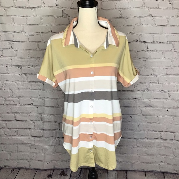 LuLaRoe Tops - LuLaRoe Short Sleeve Casual Button Up Charlie Shirt Green Cream Gray Striped S